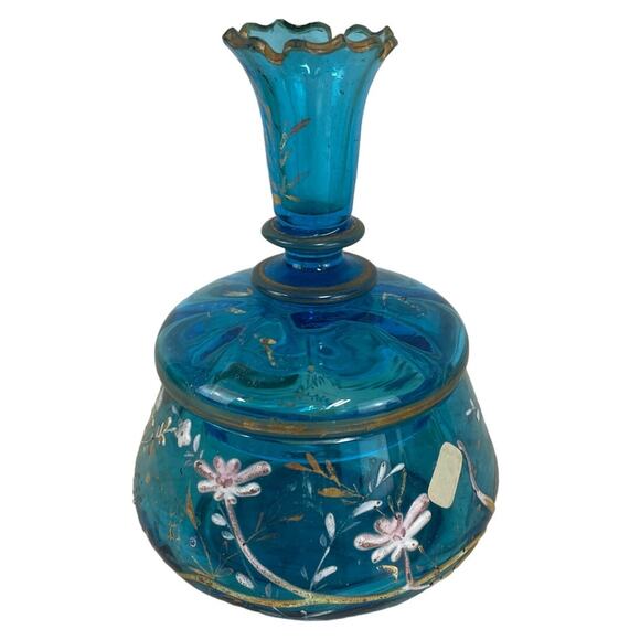Vtg Signed Moser Art Glass Blue Coral Floral Vanity Jar with Lid Good Condition - Picture 2 of 12